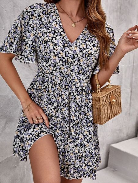 

allover floral print ruffle hem dress y6gi#, Black;gray