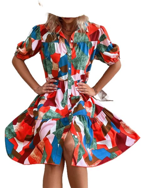 

allover print puff sleeve ruffle hem smock dress 49ol#, Black;gray