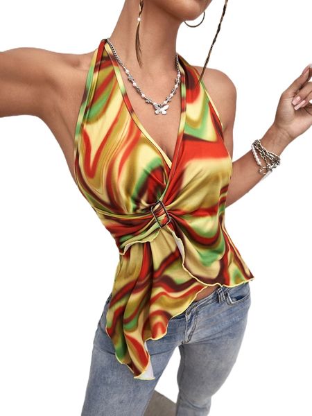 

graphic print buckled detail tie backless asymmetrical hem crop halter v7wq#, White