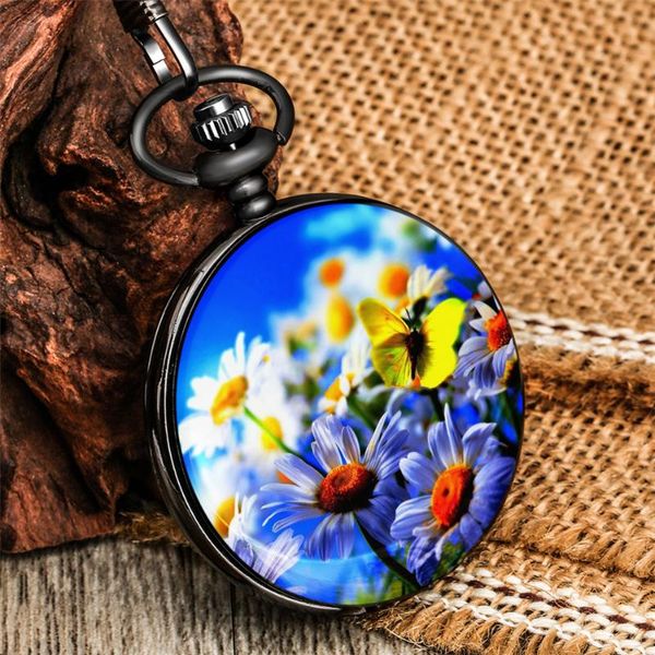 Taschenuhren, blühende Blumen, bedruckt, Quarzuhr, antikes Schwarz, analoges Zifferblatt, volle Anhängeruhr, Geschenke für Männer und Frauen, Taschenuhren, Taschenuhren