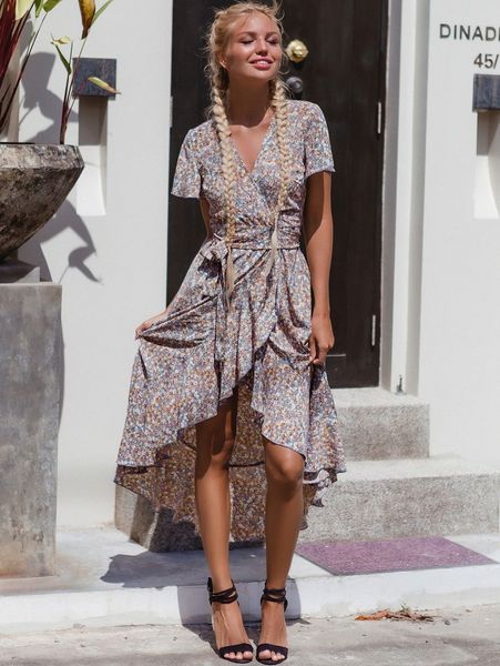 

simplee ditsy floral wrap dress r8ay#, Black;gray