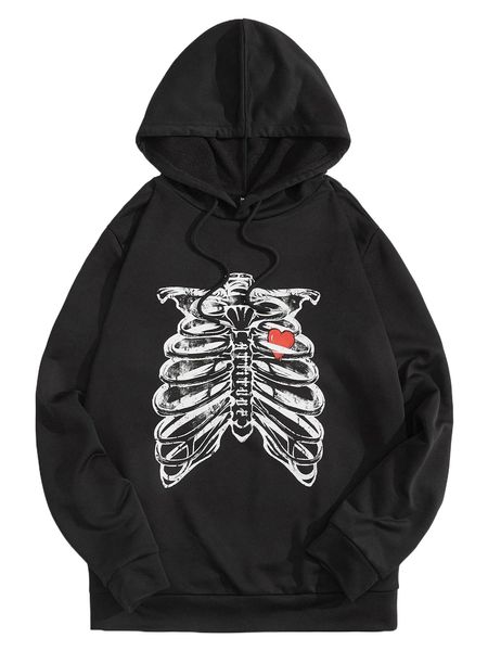 

men skeleton graphic drawstring hoodie 96dd#, Black