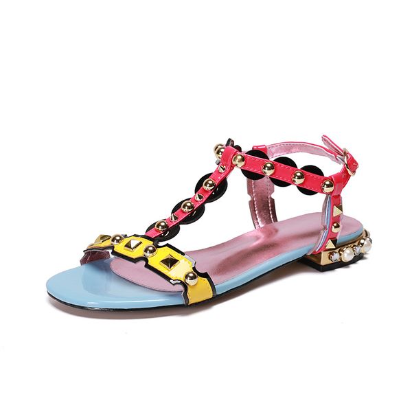 

2022 women genuine leather pearl 1cm chunky heels sandals summer rivets t-tied slipper slip-on wedding dress gladiator shoes buckle strap mi, Black