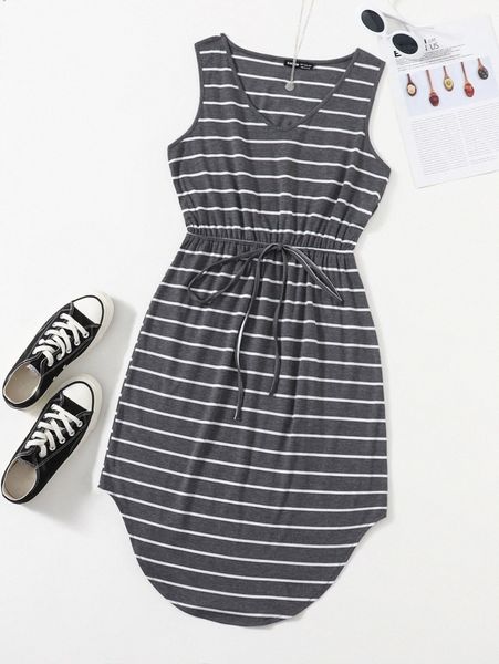

knot waist curved hem striped dress w4a2#, Black;gray