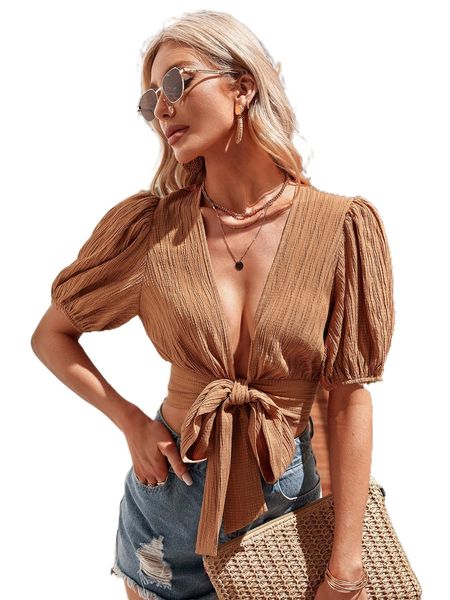 

puff sleeve plunging neck tie front blouse l5nt#, White