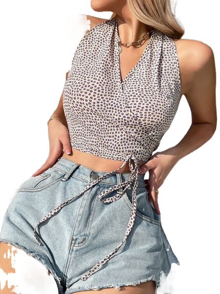 

ditsy floral tie front halter x5ui#, White