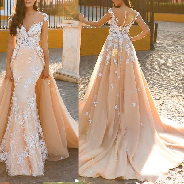 

elegant champagne mermaid wedding dresses lace appliques sheer neck bridal gown custom made jewel with overskirts robes de mariÃ©e, White