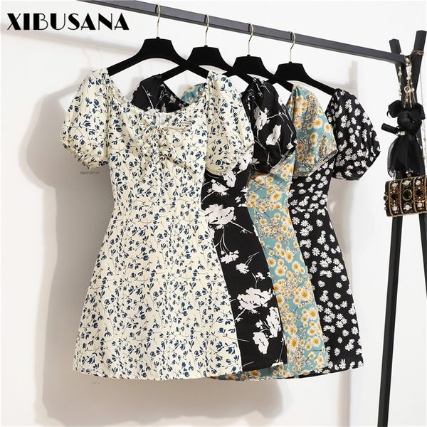 

womens mini dresses summer beach floral printed shirring pleated elegant short puffy sleeve dress korea female vestidos 220705, Black;gray