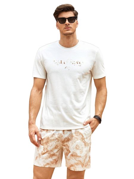 

men letter graphic tee & marble print shorts n2vc#, Gray