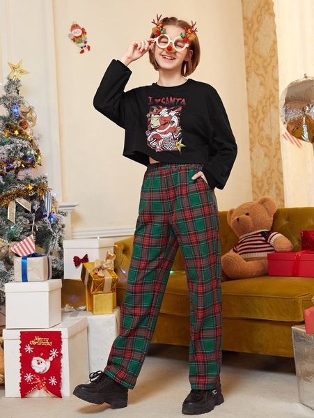 

teen girls christmas print drop shoulder & tartan print pants she, White