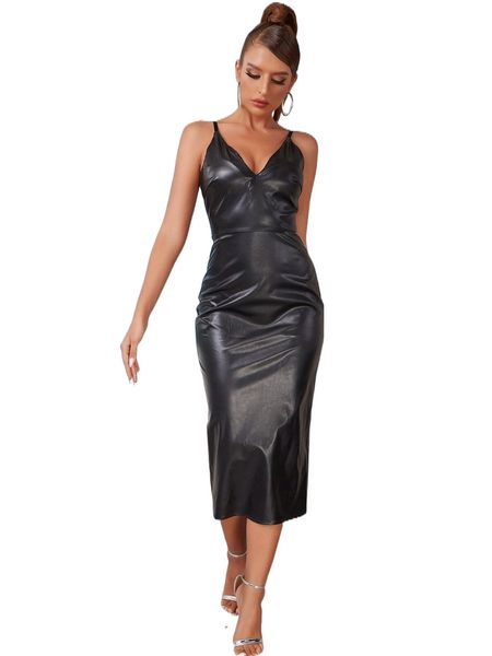 

d& pu leather split thigh cami dress j16r#, Black;gray