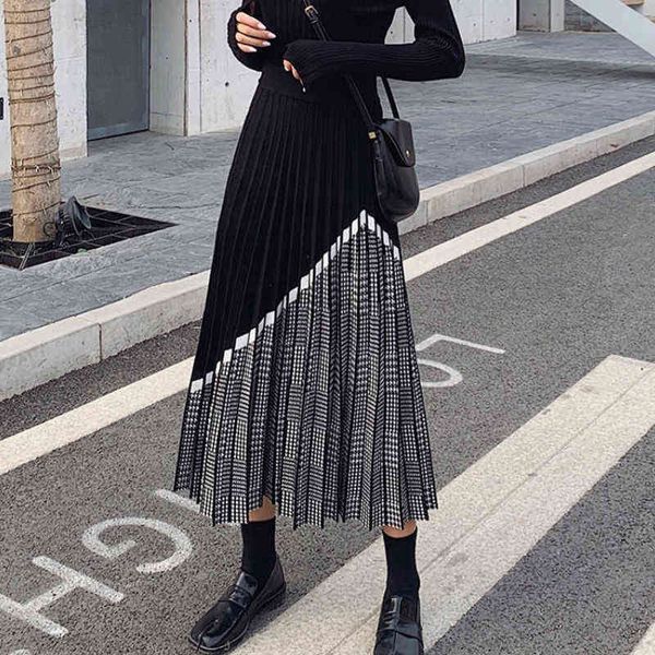

men's skirt houzhou 2022 autumn winter houndstooth knitted long skirts women vintage black high waist midi pleated skirt elegant casual