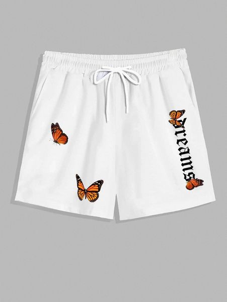 

men butterfly and letter graphic drawstring shorts l2do#, White;black