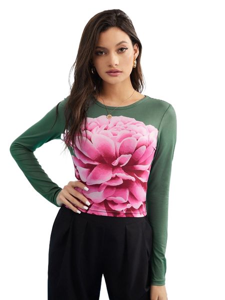 

x bellasyldesign floral print round neck tee n3ek#, White