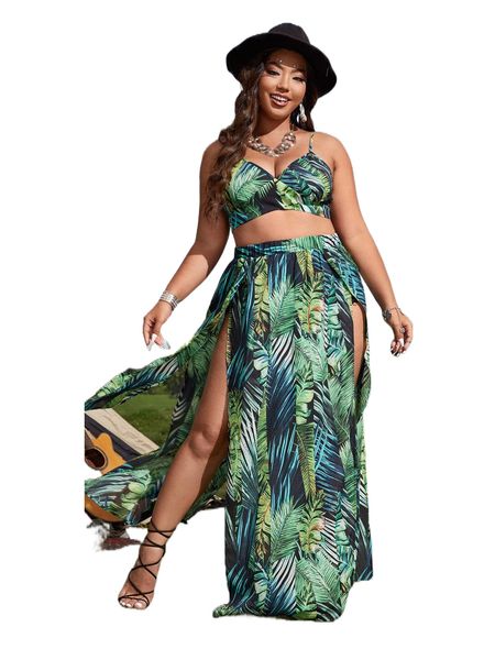 

plus tropical print tie back crop cami & split thigh skirt 6245#, Black