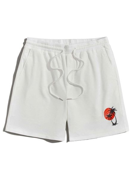 

men sun & tropical print drawstring waist shorts 49r8#, White;black