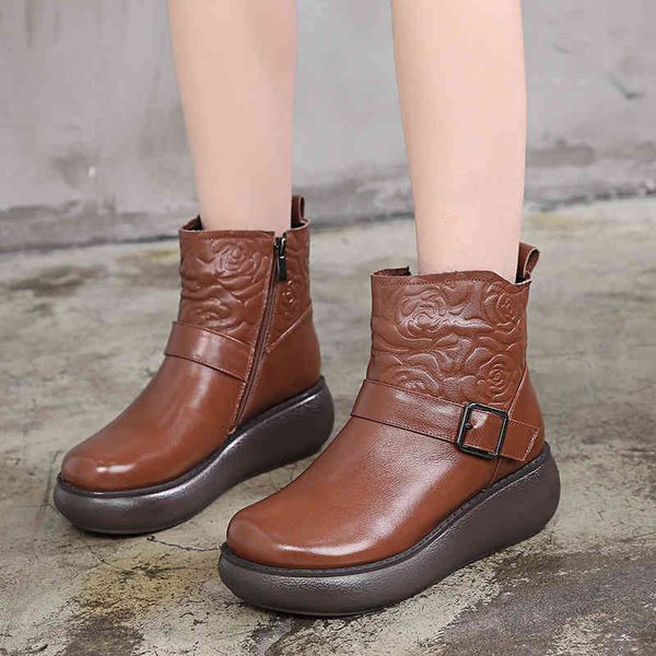 

slippers national style cow leather mother cotton shoes autumn and winter plush wool women's boots muffin thick bottom round head short, Black