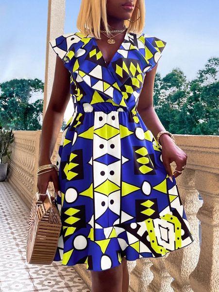 

random geo print ruffle trim overlap collar dress y3fd#, Black;gray