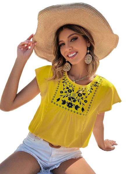 

floral embroidery butterfly sleeve blouse r6zy#, White