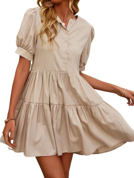 

half button placket ruffle hem smock dress 45ha#, Black;gray