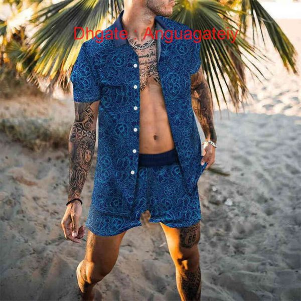 

luxury mens summer tracksuit hawaiian sets t-shirts printing fashion men swim short sleeve button shirts beach shorts streetwear casual shir, Gray