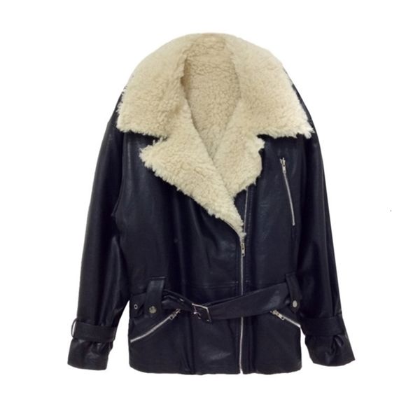 

bella autumn winter temperament turn down collar coats zipper with belt women loose lamb hair pu fur jacket y201012, Black