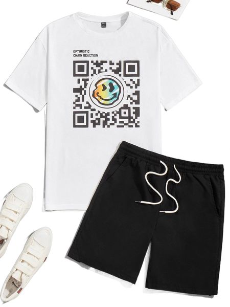 

men cartoon face & letter graphic tee and shorts 69hn#, Gray