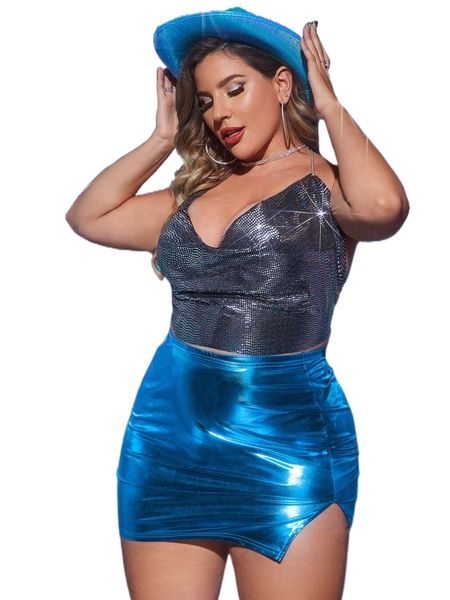 

plus split hem metallic skirt u0ku#, Black