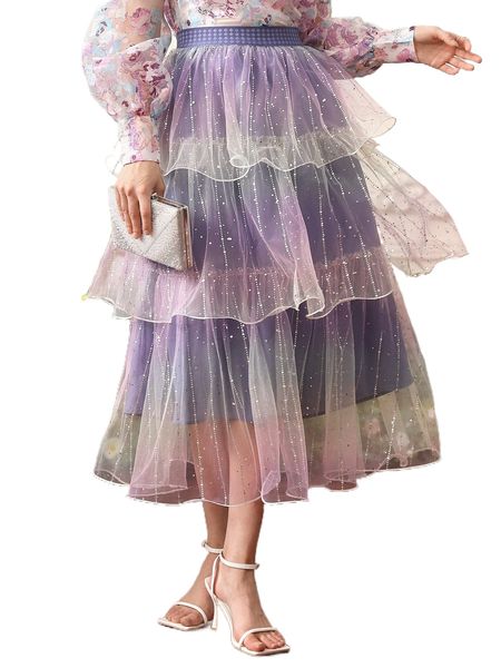 

high waist ombre print layered ruffle hem mesh skirt 45pf#, Black