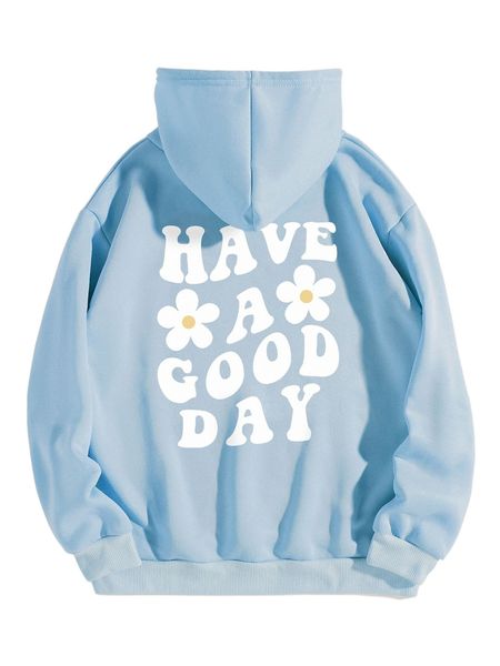 

floral & slogan graphic drawstring thermal lined hoodie 54ag#, Black