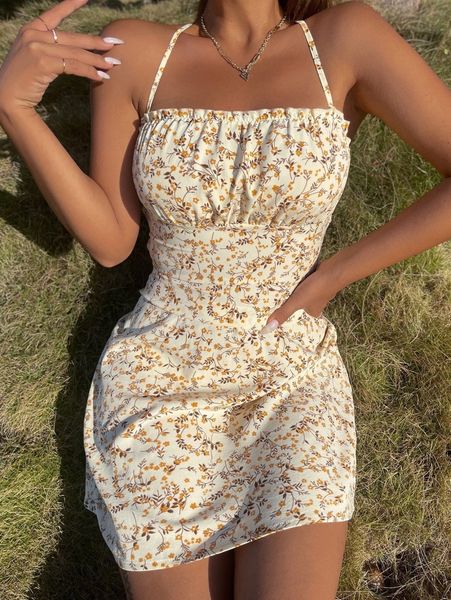 

ditsy floral frill trim backless knot cami dress n8ap#, Black;gray