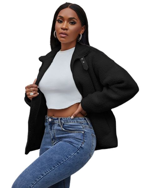 

sxy zip up buckled neck teddy coat o6xx#, Black