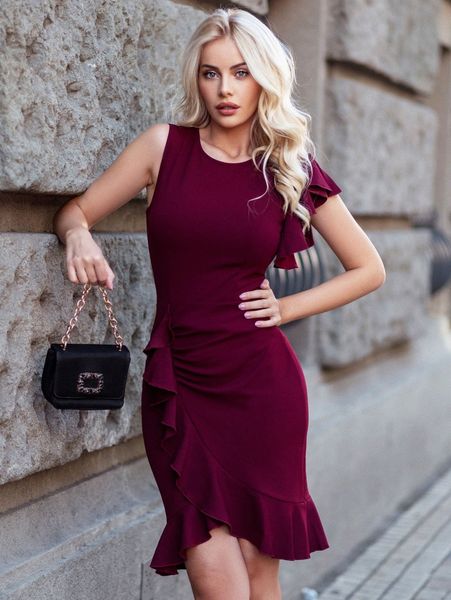 

miusol ruffle trim wrap hem bodycon dress u6mb#, Black;gray