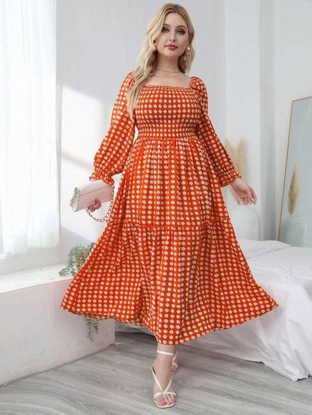 

plus allover floral print flounce sleeve shirred ruffle hem dress m9a4#, Black