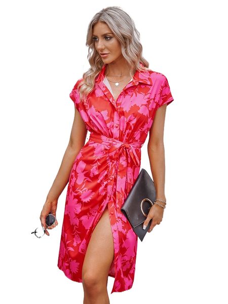 

floral print batwing sleeve belted shirt dress v1m6#, Black;gray