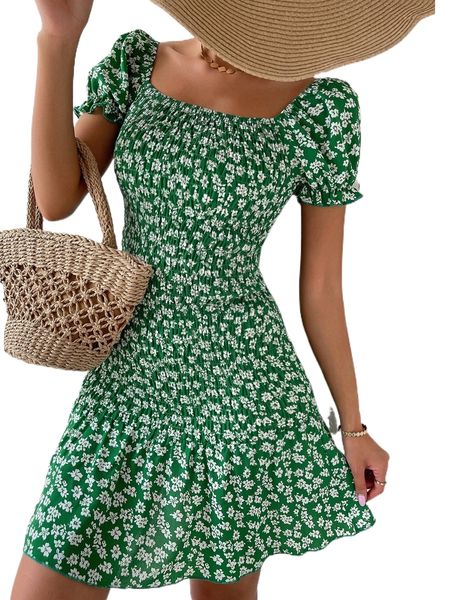 

ditsy floral flounce hem shirred dress b7my#, Black;gray