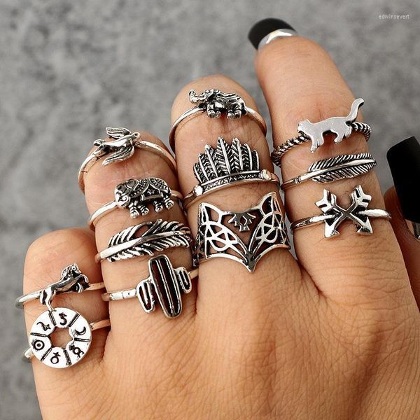 Clusterringe 12 Teile / satz Böhmisches Blatt Elefant Pfeilspitze Kaktus Krone Vogel Tiere Set Für Frauen Party Schmuck Splitter Finger Edwi22