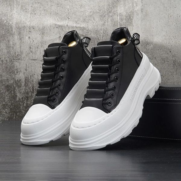 

luxury designer men's lace up thick bottom height increasing shoes causal flats moccasins hip hop punk rock walking sneakers, Black
