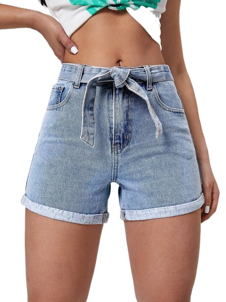 

roll hem belted denim shorts q6jc#, White;black