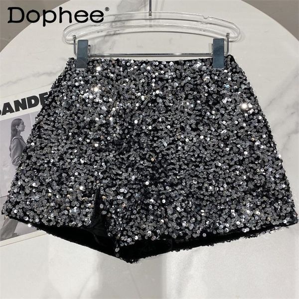 

spring and autumn black velvet short sequined shiny versatile short pants clubwear shorts pants high street 220708, White;black