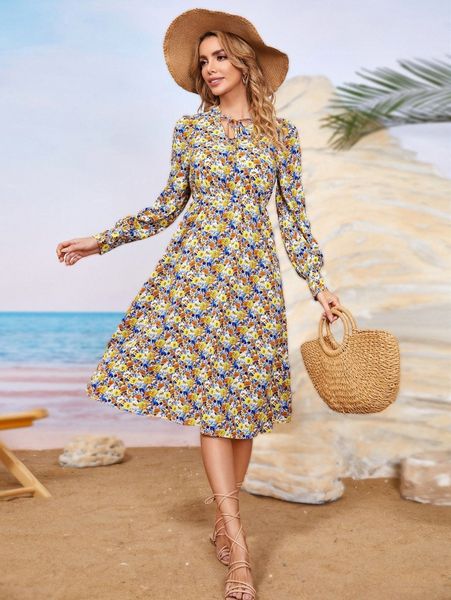 

floral print lantern sleeve tie neck dress h6g3#, Black;gray
