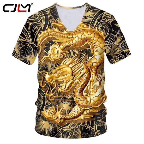 CJLM Mann Casual T Shirt 3D Druck Golden Dragon Mode Kurzarm V-ausschnitt T-shirt Männer Punk Street Style T Shirt tops Custom 220619