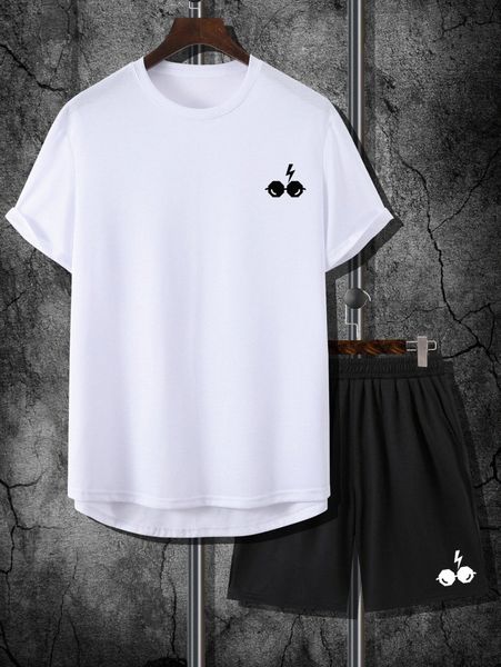 

men glasses & lightning print high low hem tee & shorts c1io#, Gray