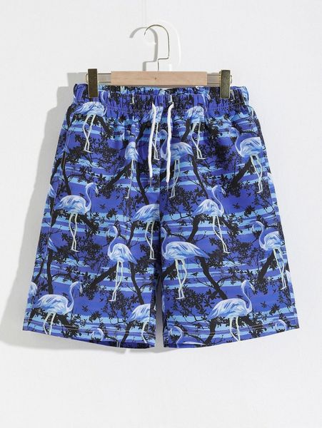 

men tree & flamingo print drawstring waist shorts l5iv#, White;black