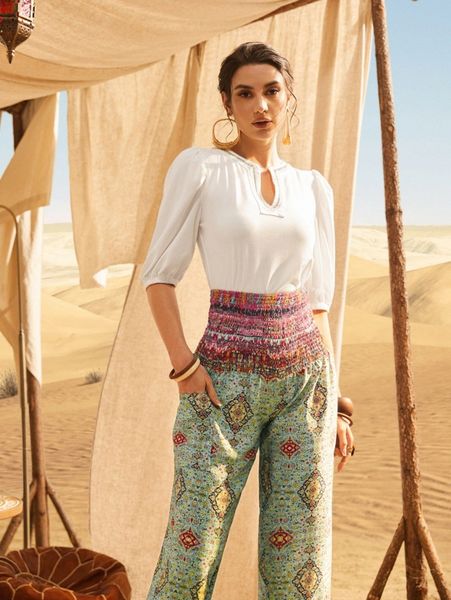 

solid tape detail notched puff sleeve y1be#, White