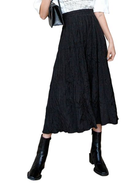 

dazy solid elastic waist flare skirt x66d#, Black