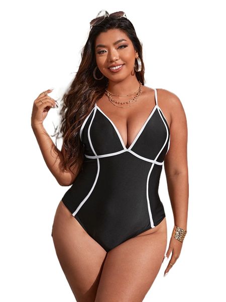

plus binding trim one piece swimsuit k1mu#, White;black