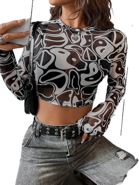 

yin and yang print sheer crop m9vp#, White