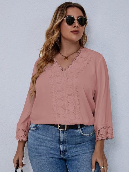 

plus contrast guipure lace blouse k1d5#, Black
