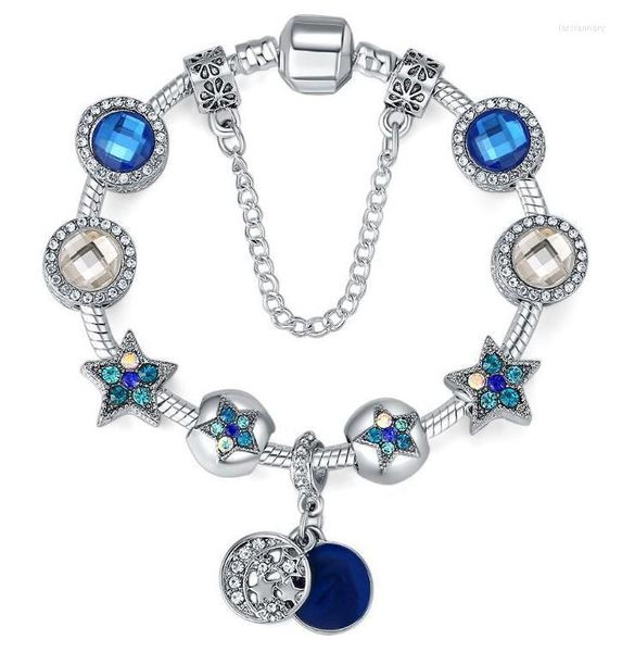 Bracelets de charme Silver Blue Star Moon Charms Bangles Crystal Heart Breads Bracelet for Women DIY Original Jewelry GiftCharm Lars